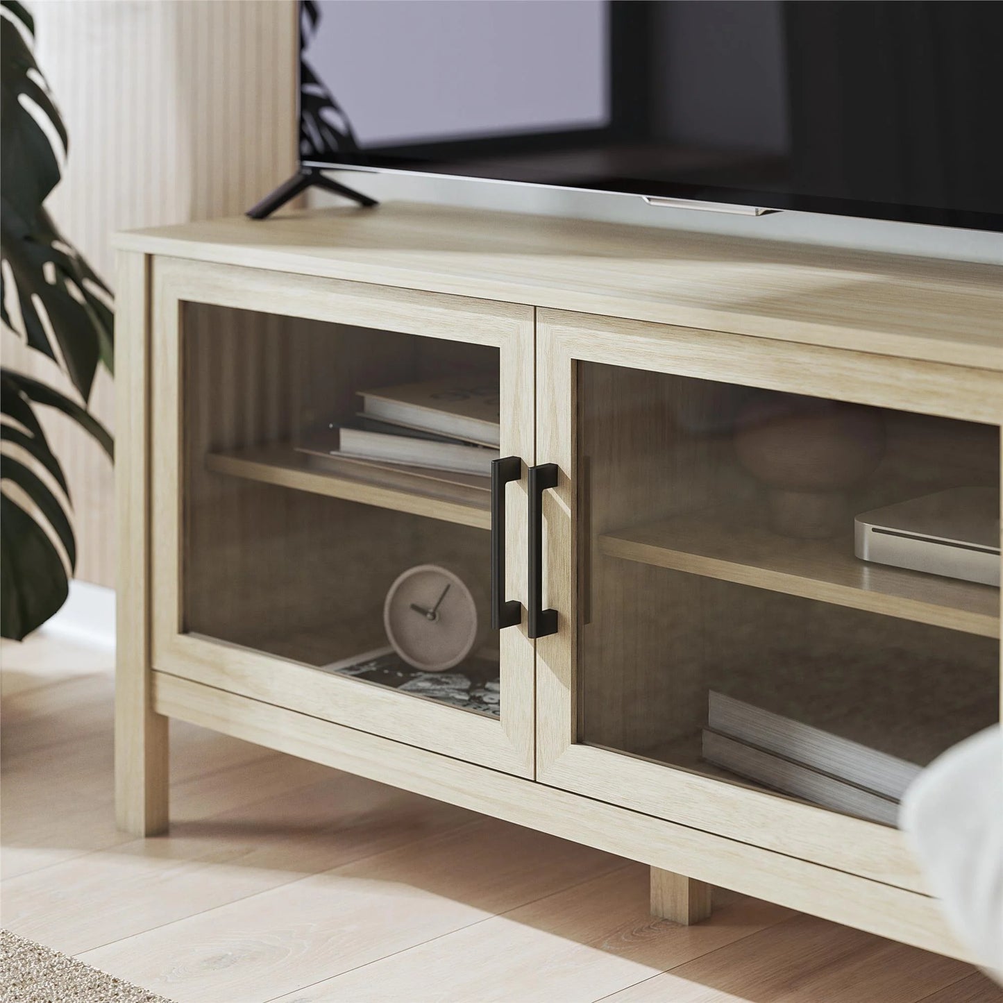 Mainstays Glass Door TV Stand for TVs up to 55", Spring Pine