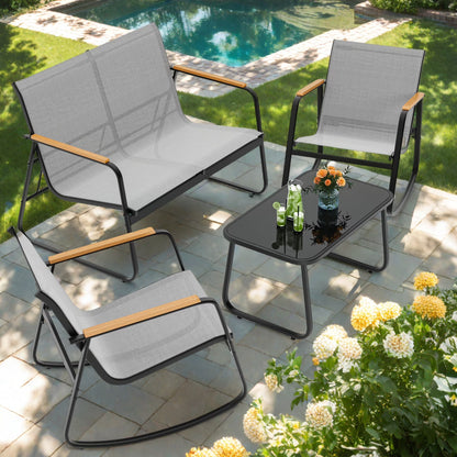 Patio Conversation Sets for 4, Lofka 4 Pieces Patio Furniture Sets with Rocking Bistro Fabric chairs, Garden Loveseat, Glass Coffee Table for Backyard, Poolside, Porch, Lawn, Black