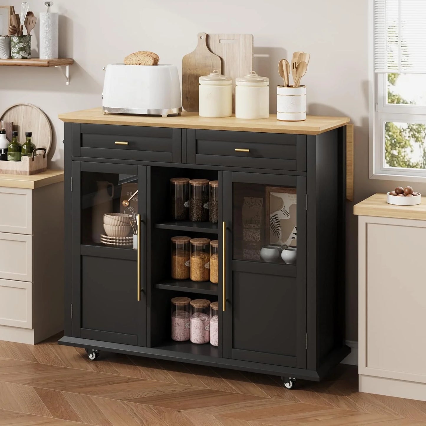 WALYWIK Foldable Kitchen Island Cart with Wheels, 2 Glass Doors, Spice Rack & Towel Holder - Compact Mobile Storage Cart for Small Kitchens, Dining Rooms, Camping & RVs - Grey