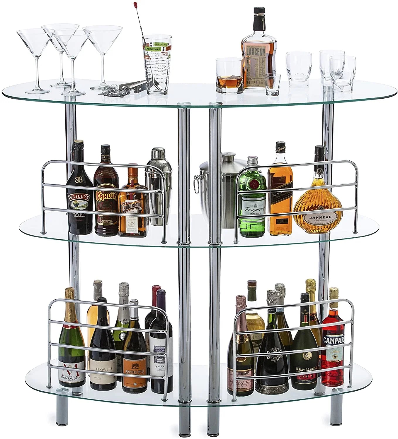 Mango Steam Contemporary Home Bar Liquor Table | Modern Clear Tempered Glass Shelves | 41" H x 47" L x 13.6" D