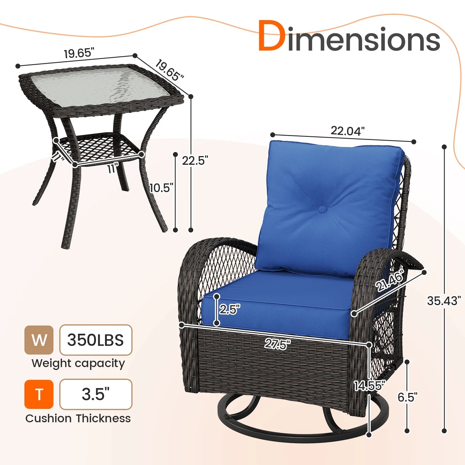 MRUAKA 3 Pieces Patio Furniture Set, Outdoor Swivel Gliders Rocker, Wicker Patio Bistro Set with Rattan Rocking Chair, Glass Top Side Table and Thickened Cushions (Khaki)