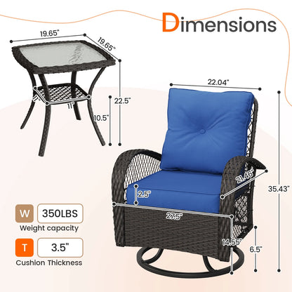 MRUAKA 3 Pieces Patio Furniture Set, Outdoor Swivel Gliders Rocker, Wicker Patio Bistro Set with Rattan Rocking Chair, Glass Top Side Table and Thickened Cushions (Khaki)