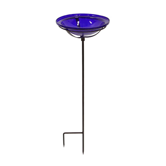 Achla Designs 12 In Hand Blown Crackle Glass Birdbath w/Stake, Cobalt Blue
