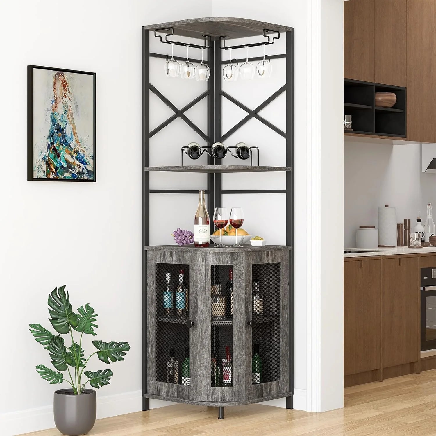 Frmobepts 6 Tier Corner Bar Cabinet with Glass Holder, Storage Cabinet with Door and Shelves , Corner Shelf with Wine Rack Display Shelves,Grey