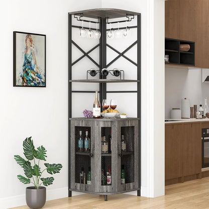 Frmobepts 6 Tier Corner Bar Cabinet with Glass Holder, Storage Cabinet with Door and Shelves , Corner Shelf with Wine Rack Display Shelves,Grey