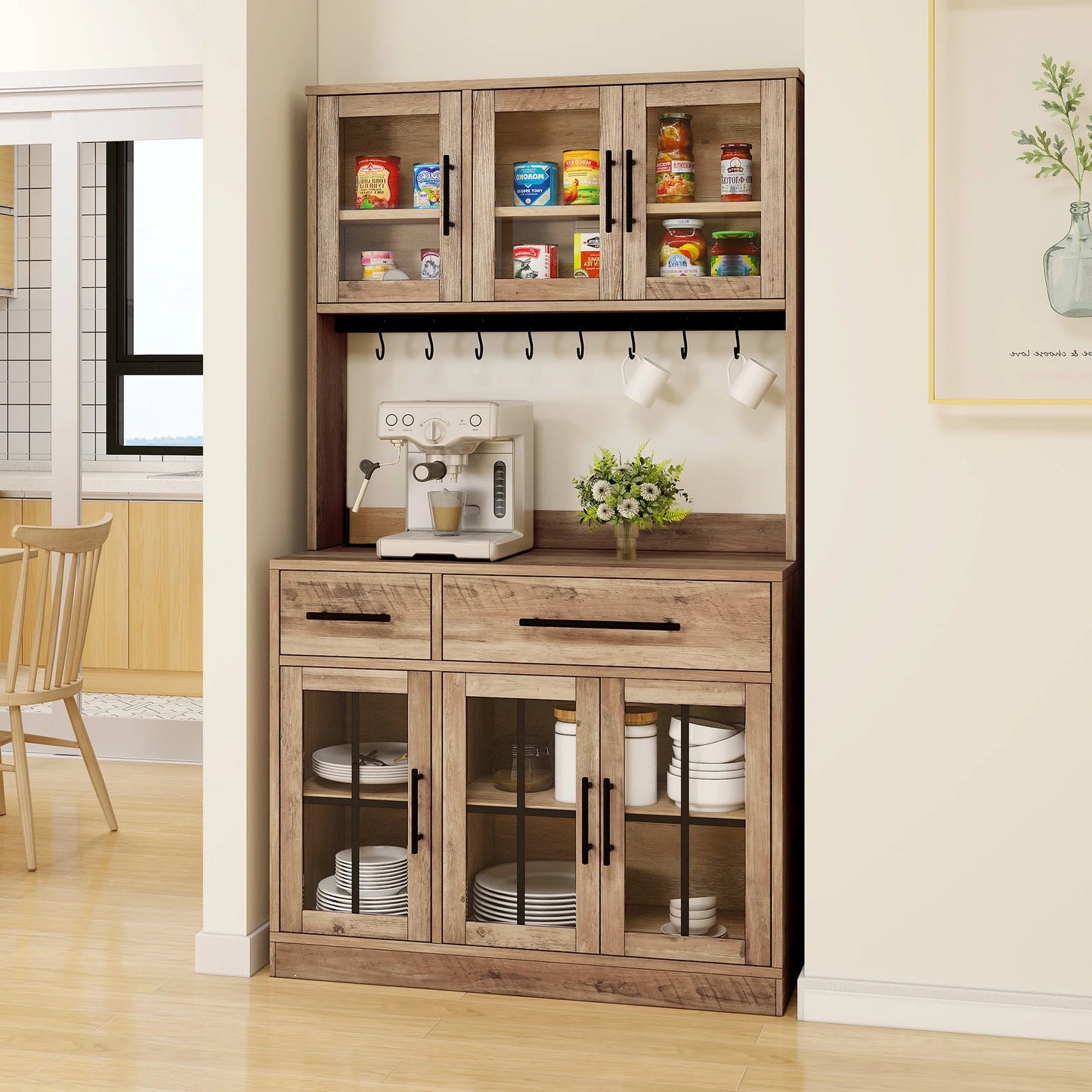 Dextrus 71" Tall Kitchen Pantry Storage Cabinet with Power Outlet, Freestanding Cupboard Storage Buffet Hutch with Microwave Stand, Storage Pantry with Drawers & Glass Doors, Brown