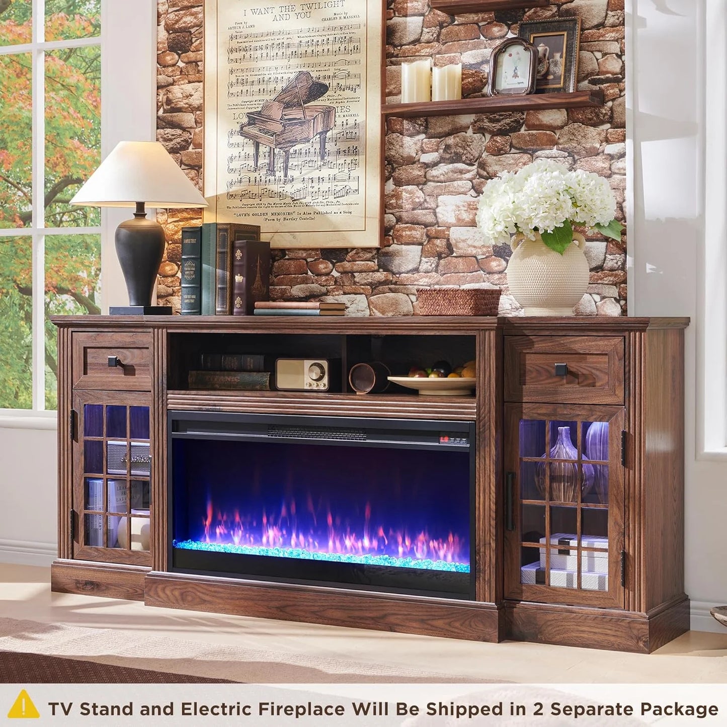 T4TREAM Fireplace TV Stand for 80 Inch TV, Farmhouse Highboy Entertainment Center with 36" Electric Fireplace, LED Lights, Glass Door Cabinet & Storage Drawer, White