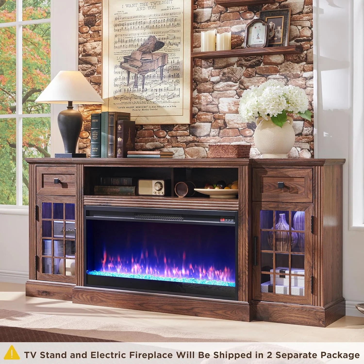 T4TREAM Fireplace TV Stand for 80 Inch TV, Farmhouse Highboy Entertainment Center with 36" Electric Fireplace, LED Lights, Glass Door Cabinet & Storage Drawer, White