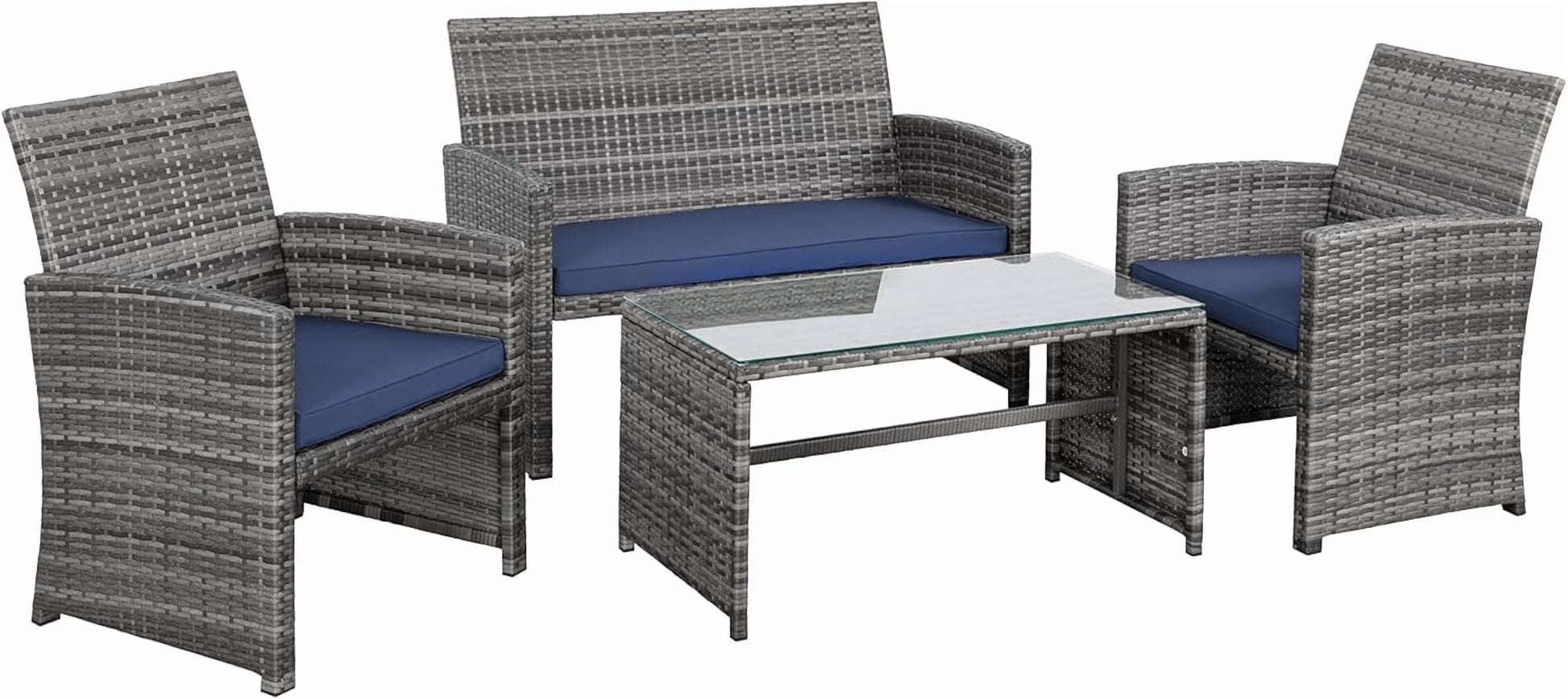 4-Piece Outdoor Gray Wicker Patio Conversation Furniture Set, Rattan Patio Furniture Set with Weather Resistant Cushions and Tempered Glass Tabletop,Red