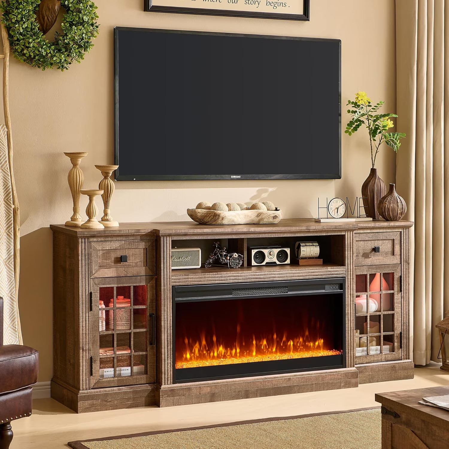 T4TREAM Fireplace TV Stand for 80 Inch TV, Farmhouse Highboy Entertainment Center with 36" Electric Fireplace, LED Lights, Glass Door Cabinet & Storage Drawer, White