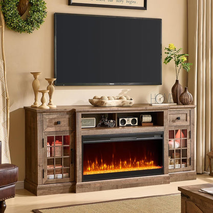 T4TREAM Fireplace TV Stand for 80 Inch TV, Farmhouse Highboy Entertainment Center with 36" Electric Fireplace, LED Lights, Glass Door Cabinet & Storage Drawer, White