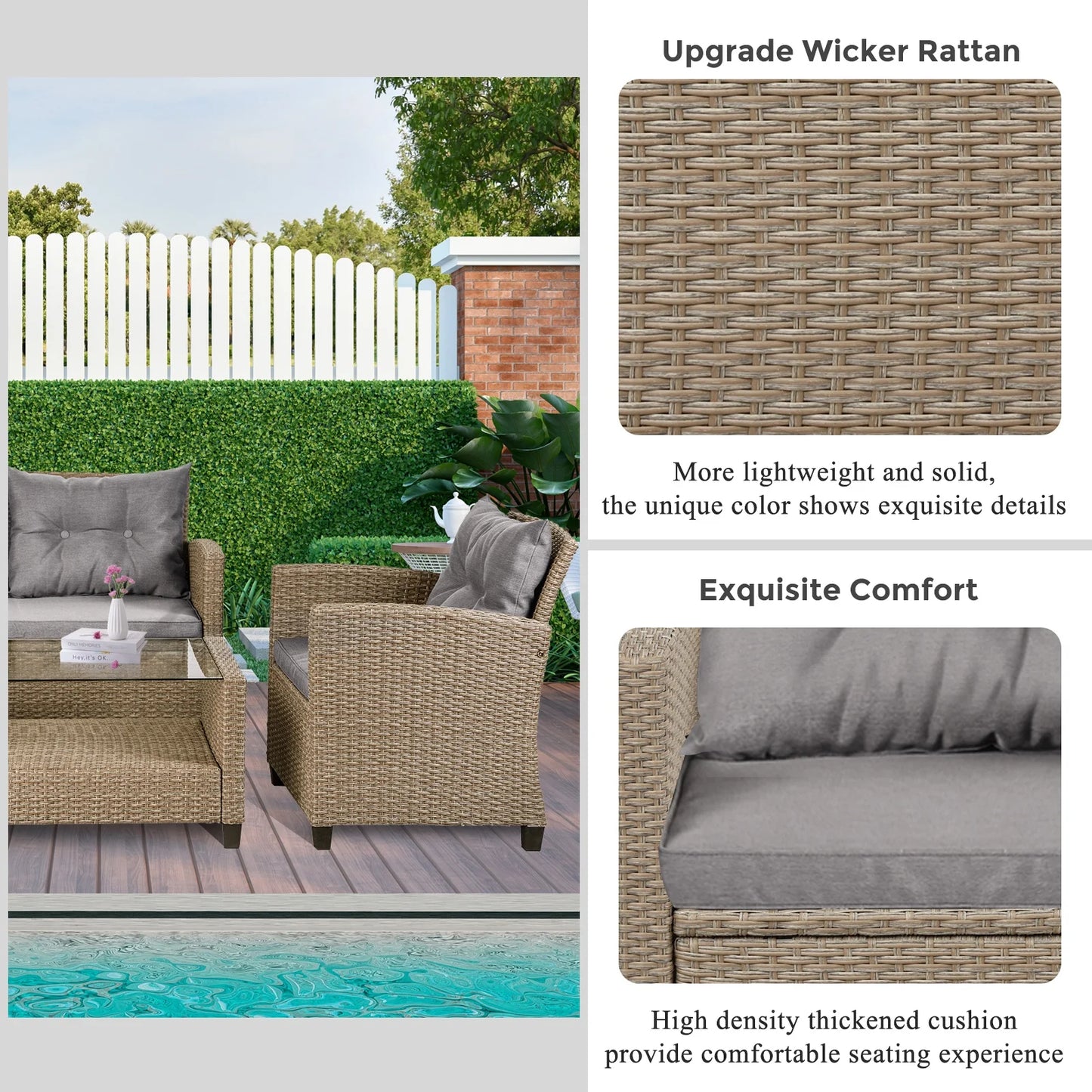 Rattan Patio Sofa Set, 4 Pieces Outdoor Sectional Furniture, All-Weather PE Rattan Wicker Patio Conversation, Cushioned Sofa Set with Glass Table for Patio Garden Poolside Deck