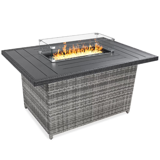 Best Choice Products 52in Wicker Propane Gas Fire Pit Table 50,000 BTU w/Glass Wind Guard, Tank Holder, Cover - Gray