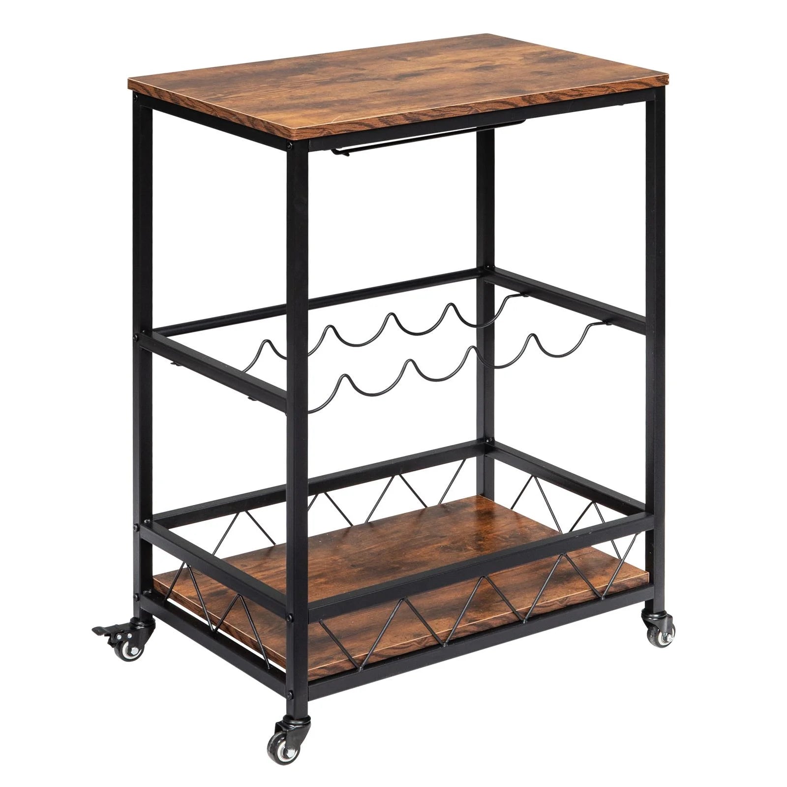 Ktaxon 3 Tier Kitchen Trolley Bar Carts for Home Bar Serving Cart w/Wine Rack & Glass Holder, Wheels, Vintage Brown