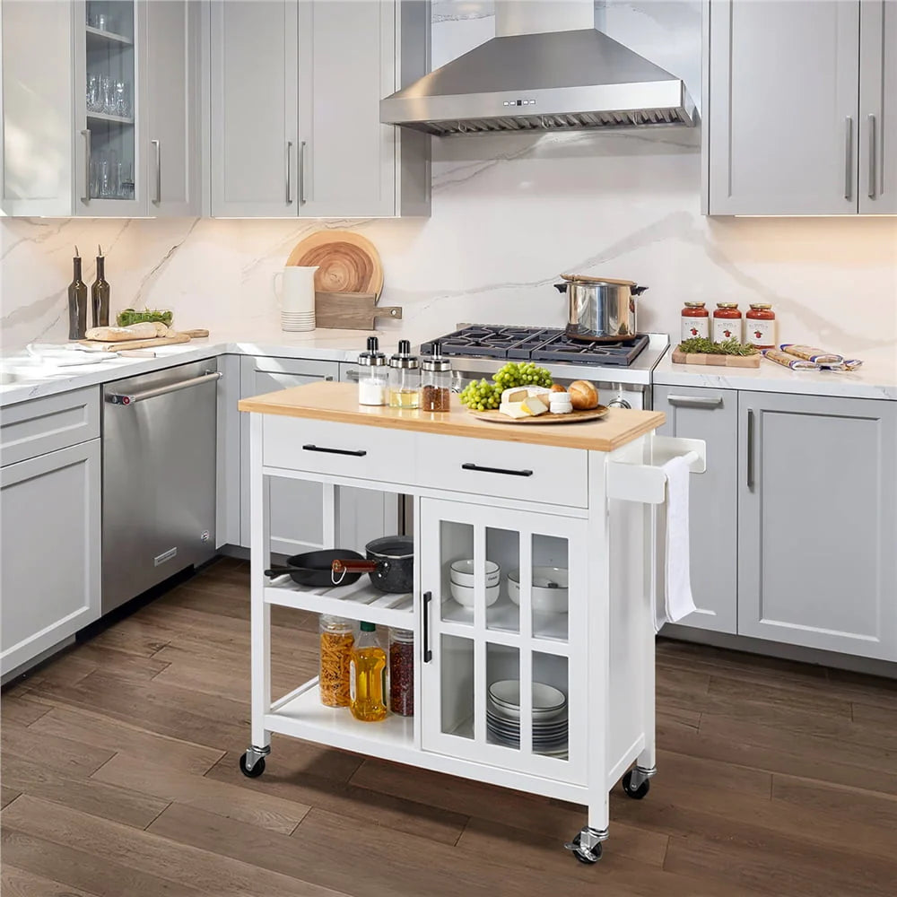 Topeakmart Rolling Kitchen Cart with Bamboo Top & Storage & Tempered Glass Cabinet Door White