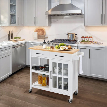 Topeakmart Rolling Kitchen Cart with Bamboo Top & Storage & Tempered Glass Cabinet Door White