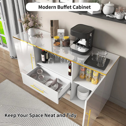 MARNUR Sideboard Buffet Cabinet, 55" Coffee Bar Cabinet with 2 Drawers and Wine Glass Holder for Kitchen Dining Room Living Room, White
