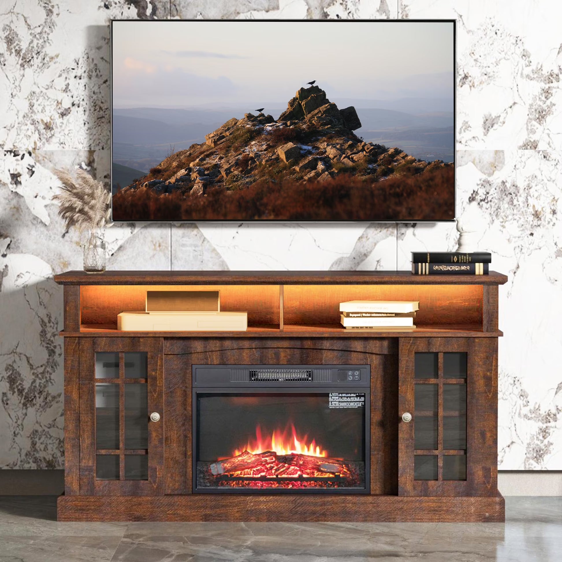 Electric Fireplace TV Stand for 65" TV, Farmhouse TV Stand for Living Room with Adjustable Shelves and Glass Doors, Media Console with Wireless Remote Control Virtual Flame Fireplace, Gray