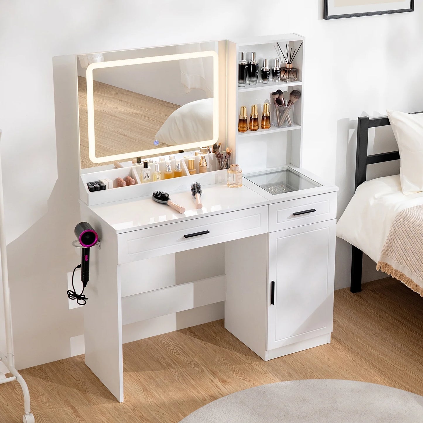 Hommpa Vanity Desk, Makeup Vanity with LED Lighted Mirror Vanity with Glass Top Drawers Vanity Table with Charging Station for Girls Bedroom Large Storage Cabinet Shelves, White