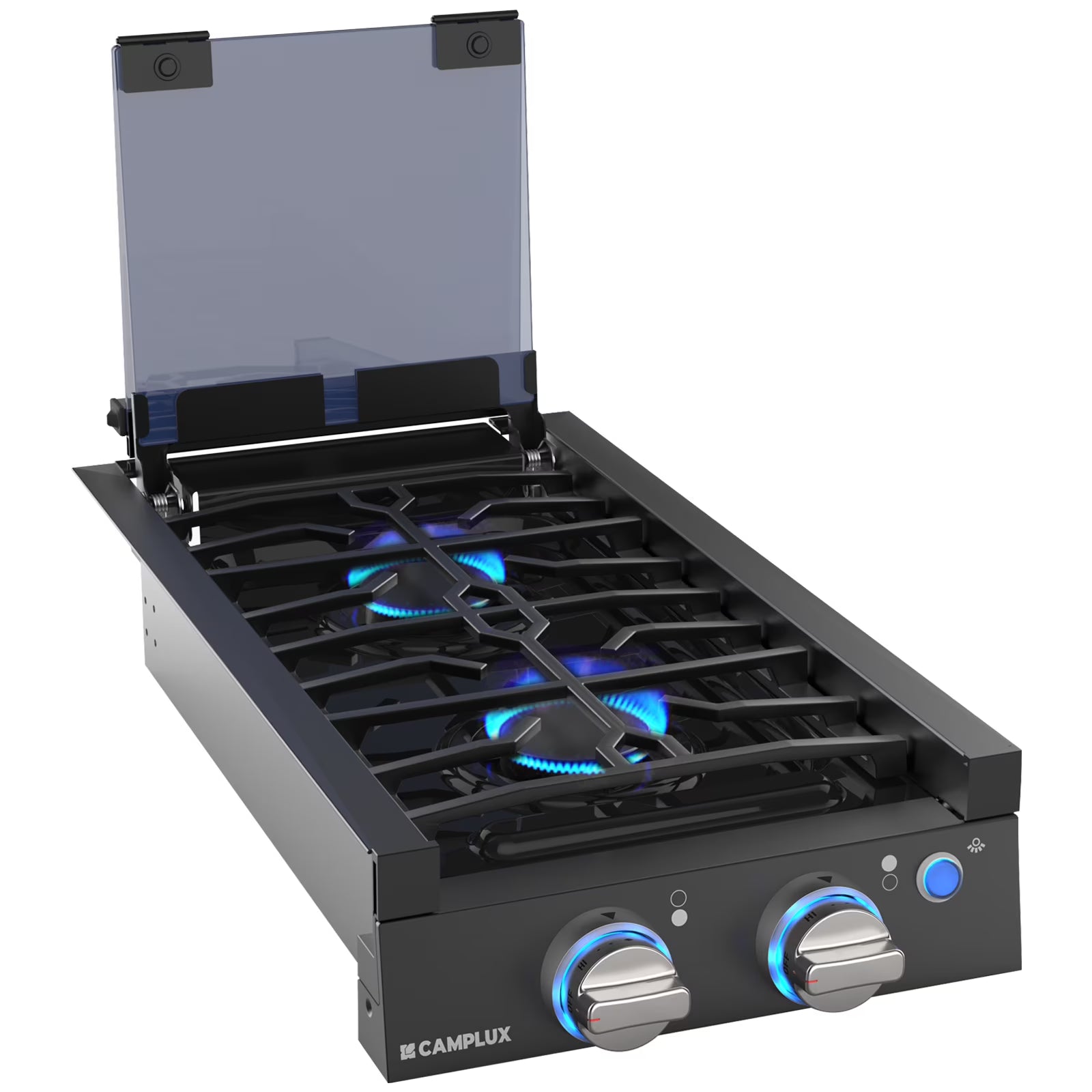 CAMPLUX RV Cooktop 2 Burners Slide-in, Outdoor Propane Cooktop Stove with Tempered Glass Cover, 12 inches Gas Rangetop, 13,000BTU, Black