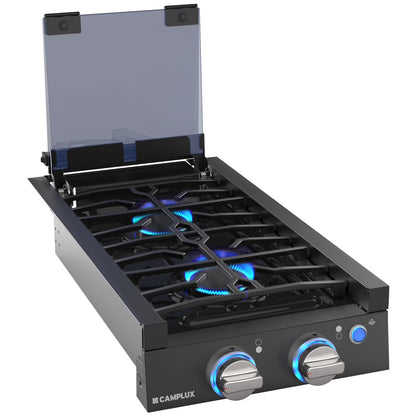 CAMPLUX RV Cooktop 2 Burners Slide-in, Outdoor Propane Cooktop Stove with Tempered Glass Cover, 12 inches Gas Rangetop, 13,000BTU, Black