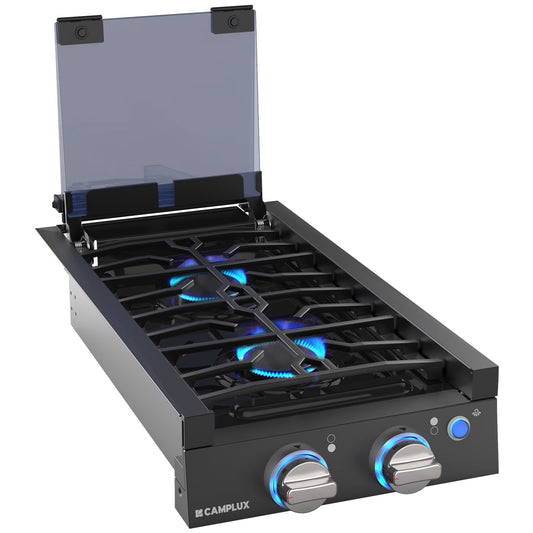 CAMPLUX RV Cooktop 2 Burners Slide-in, Outdoor Propane Cooktop Stove with Tempered Glass Cover, 12 inches Gas Rangetop, 13,000BTU, Black