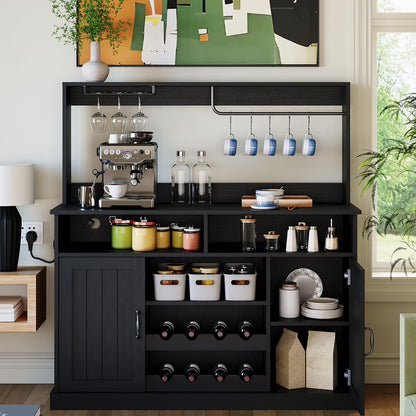 Ataucjin Farmhouse Coffee Bar Cabinet with Wine Rack,47''Coffee Bar Station with Power Outlet & Goblet Holder,Hutch Storage Cabinet with Glass Racks & 5 Hooks Sideboard Cabinets for Dining Living Room