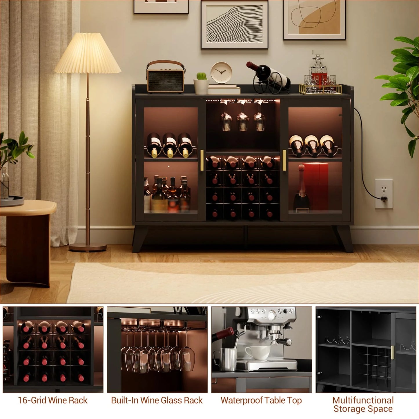 Ataucjin 47" Wine Bar Cabinet With LED Lights,Modern Liquor Cabinet With Wine Racks And Glass Holders,Home Coffee Bar Cabinet,Freestanding Kitchen Buffet Sideboard Storage Shelf For Living Dining Room