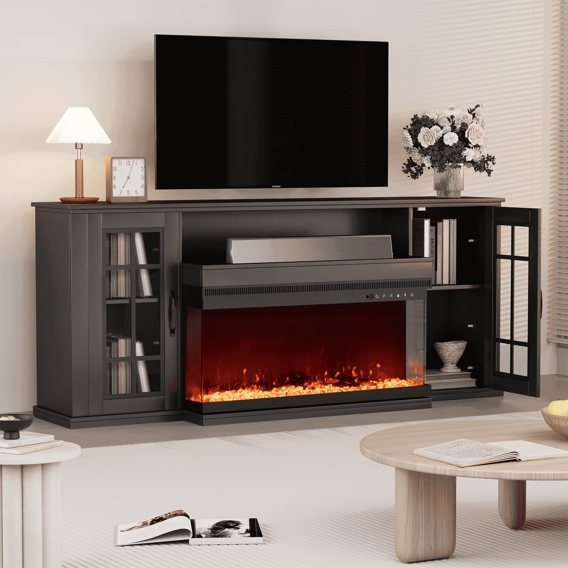 MELLCOM 70" 3 Sided Glass Fireplace TV Stand, Modern Media Console with Storage Side Cabinet, Fits TVs up to 80", Electric Fireplace TV StandWalnut Color