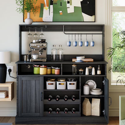 Ataucjin Farmhouse Coffee Bar Cabinet with Wine Rack,47''Coffee Bar Station with Power Outlet & Goblet Holder,Hutch Storage Cabinet with Glass Racks & 5 Hooks Sideboard Cabinets for Dining Living Room