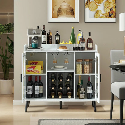 Spaco Coffee Bar Cabinet with LED light, Liquor Cabinet with Power Outlet, Wine Cabinets with Glass Holder, Sideboard Buffet Cabinets with Storage, Bar Cabinet for Kitchen Dining Room, White