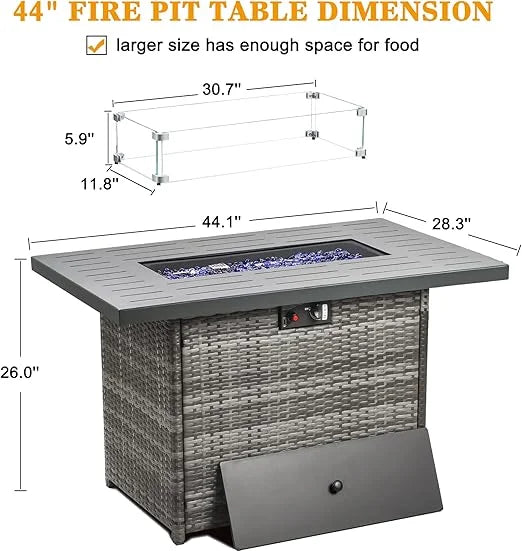 LayinSun 44" Propane Gas Fire Pit Table, 55000 BTU Rectangular Fire Pit with Glass Wind Guard for Outside Patio Deck Garden Backyard