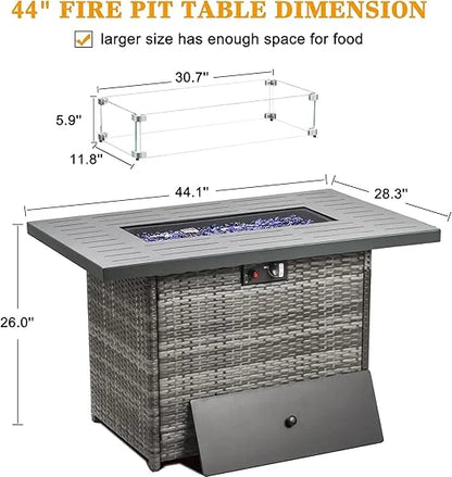 LayinSun 44" Propane Gas Fire Pit Table, 55000 BTU Rectangular Fire Pit with Glass Wind Guard for Outside Patio Deck Garden Backyard