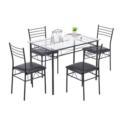 Zimtown 5 Pieces Dining Set Table with 4 Chairs Glass Diner Table with Metal Frame Kitchen Dining Room Furniture Black