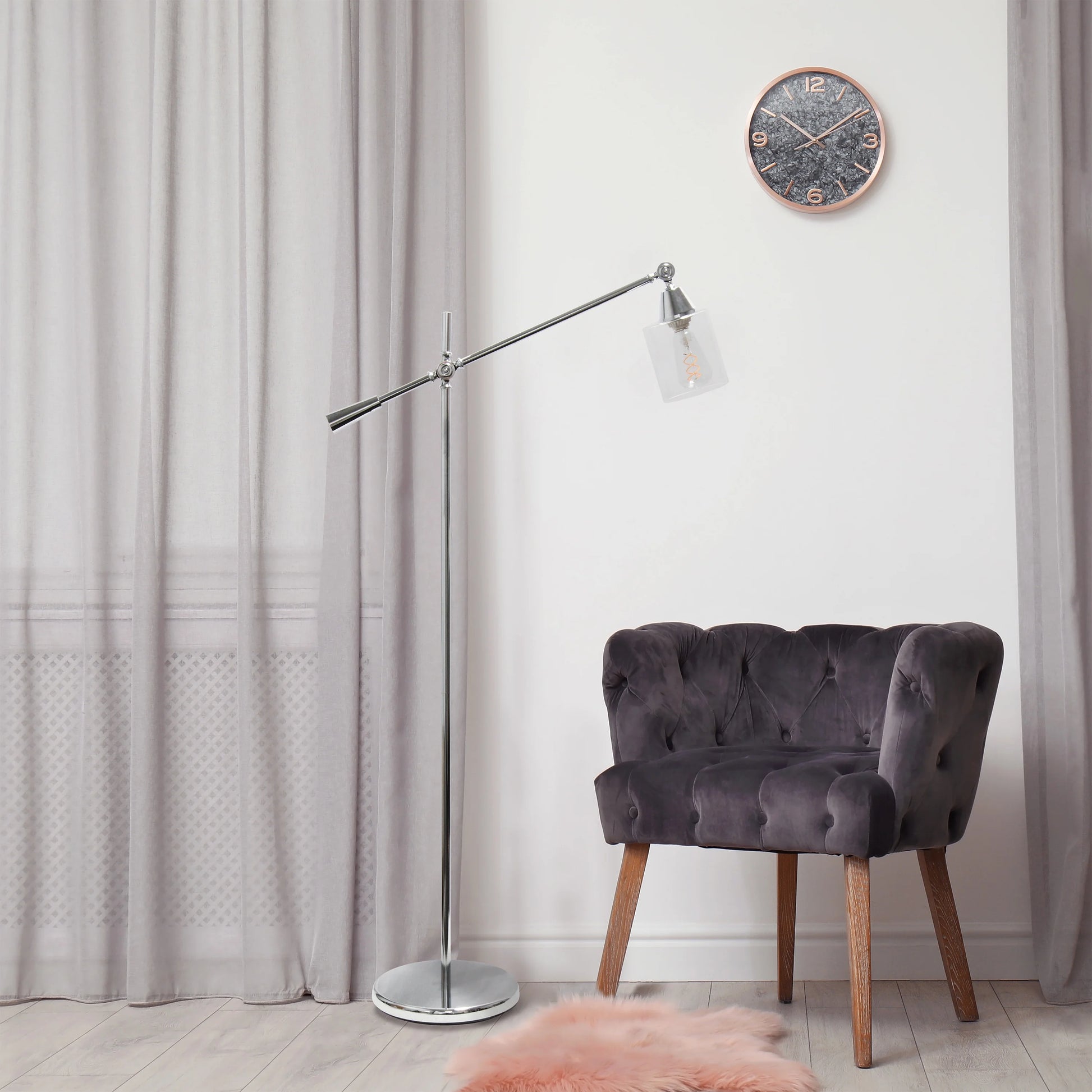 Lalia Home Swing Arm Floor Lamp with Clear Glass Cylindrical Shade, Black Matte