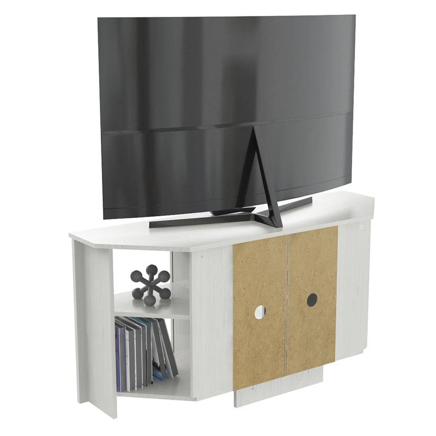 Inval Corner Laminate 60° TV Stand with Glass Doors, White