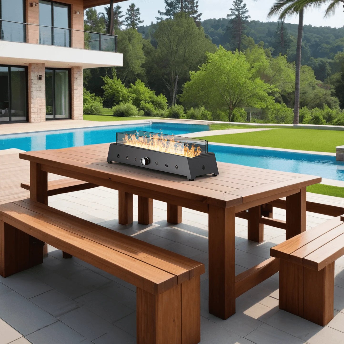 AJ Enjoy 40,000 BTU Tabletop Propane Fire Pit, 28'' Outdoor Rectangle Steel Fireplace with Wind Glass Shield, Laval Rocks