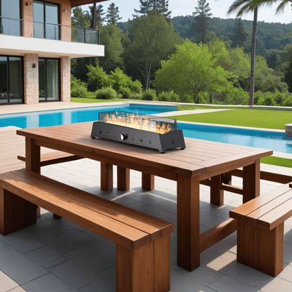 AJ Enjoy 40,000 BTU Tabletop Propane Fire Pit, 28'' Outdoor Rectangle Steel Fireplace with Wind Glass Shield, Laval Rocks