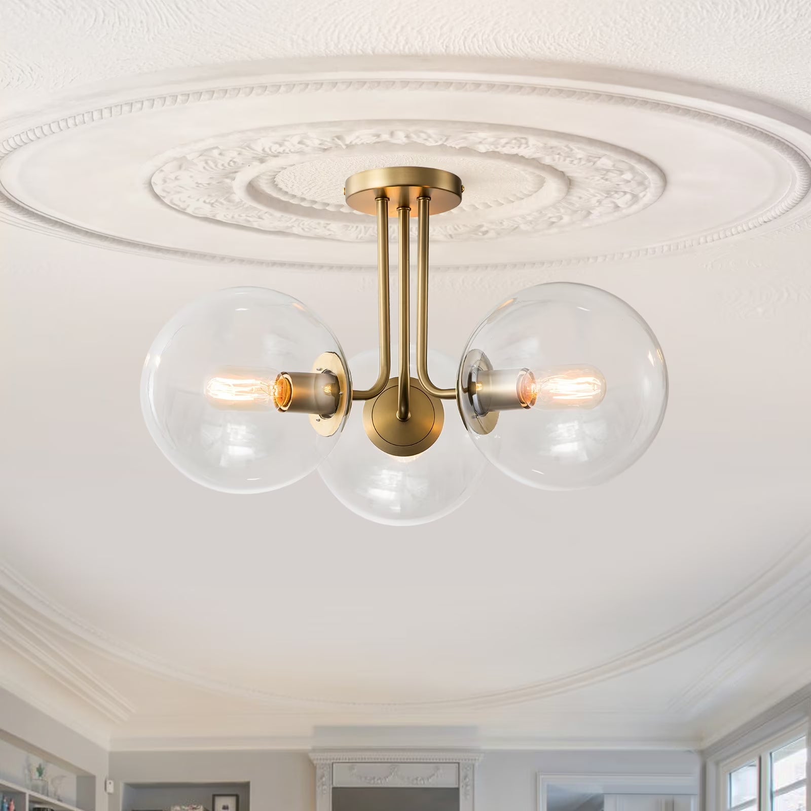 OYIPRO 3 - Light 22'' Modern Sputnik Globe Glass Semi Flush Mount Light Gold/Clear Glass
