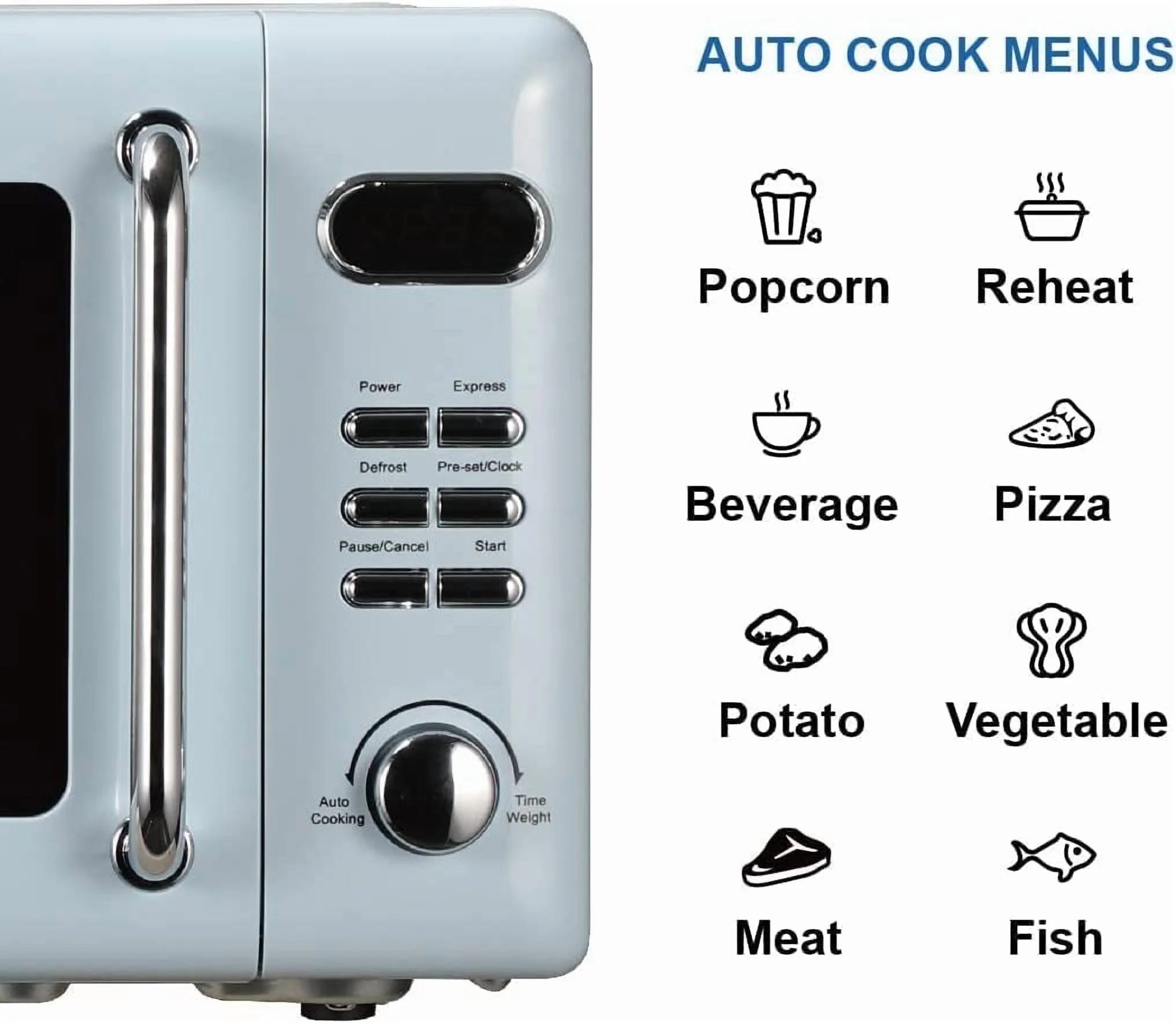 Countertop Microwave Oven with Push Button Control, LED Display, 700W 5 Power Levels, 8 Auto Menus, Glass Turntable and Child Safety Lock, 0.7-inchThunderbird Blue