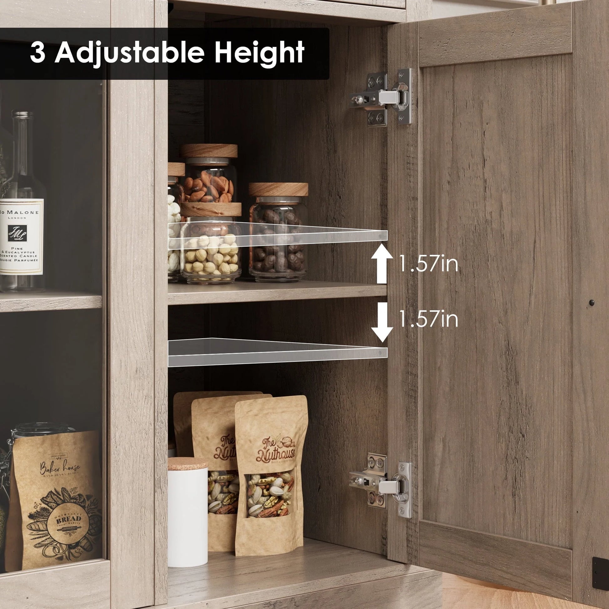 Homfa 55.1'' W Kitchen Buffet Sideboard, 3 Drawer Glass Door Accent Cabinet Coffee Bar with Adjustable Shelf for Dining Room Living Room, Gray Finish