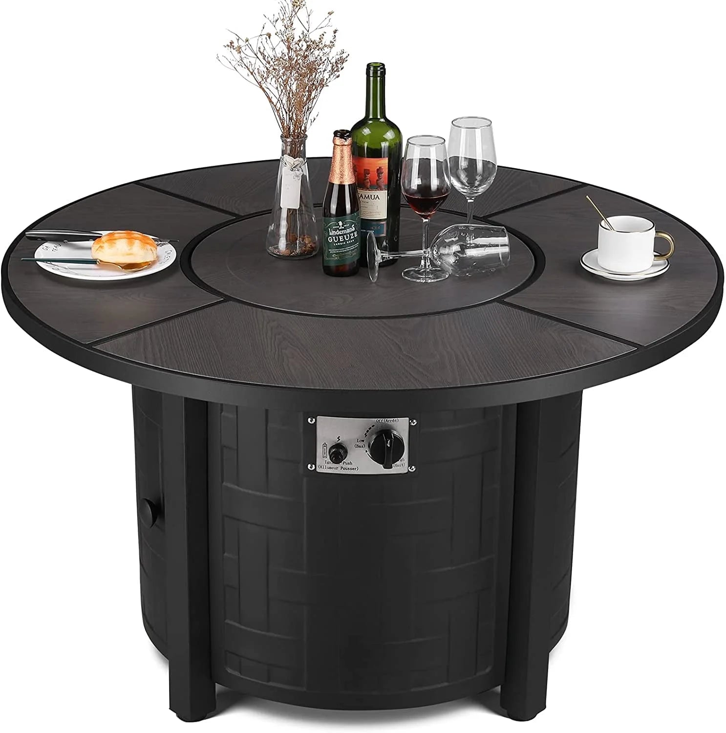 GARTIO 42" Round Propane Fire Pit Table 50,000 BTU Steel Gas Fire Pit with Removable Lid, Cover and Blue Glass Rocks, Outdoor Fireplace Set