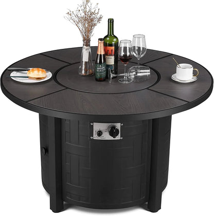 GARTIO 42" Round Propane Fire Pit Table 50,000 BTU Steel Gas Fire Pit with Removable Lid, Cover and Blue Glass Rocks, Outdoor Fireplace Set