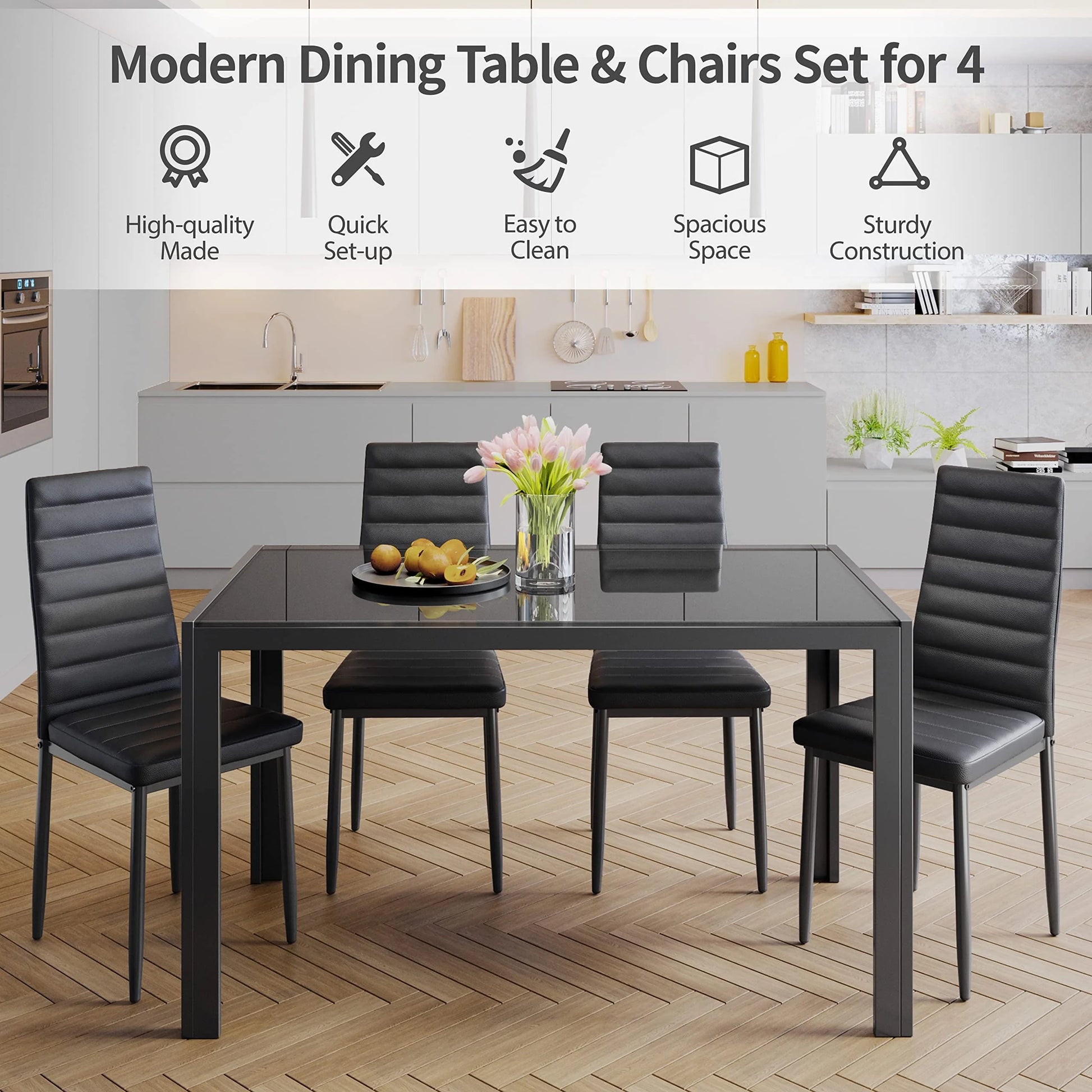Lofka Glass Dining Table Set for 4, Dining Room Sets with 4 Back Support Chairs for Dinner, Black