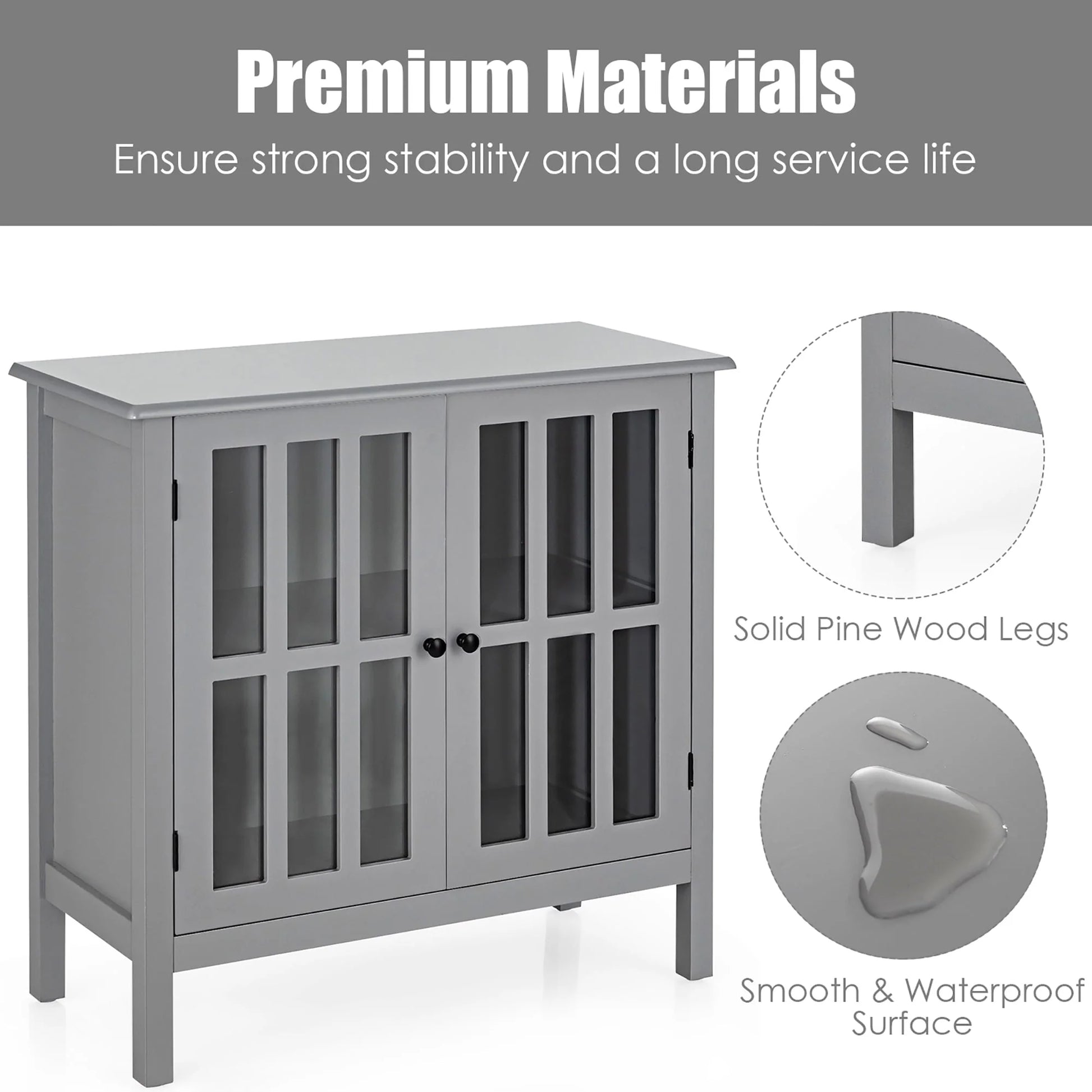 Costway Storage Buffet Cabinet Glass Door Sideboard Console Table Server Gray