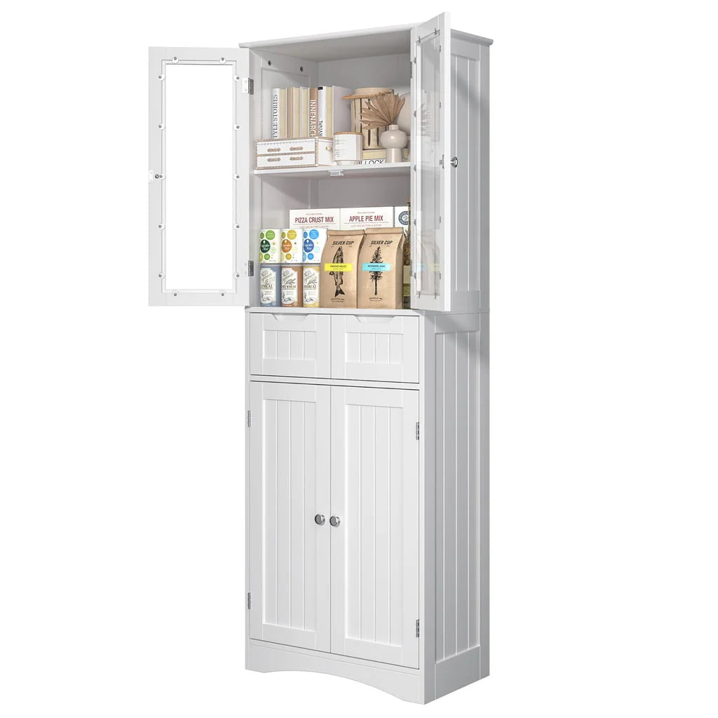 Aiho 66.9 "H Kitchen Pantry Storage Cabinet with 2 Drawers and Glass Doors for Kitchen - White