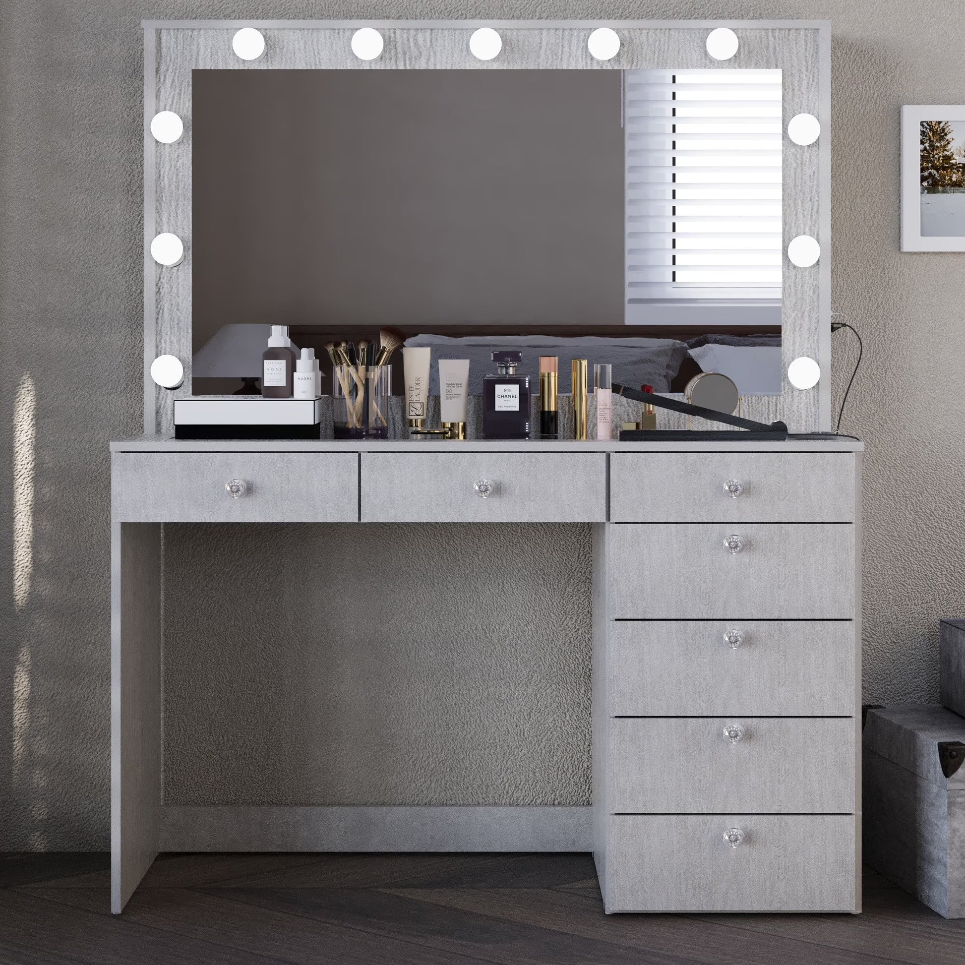 Ember Interiors Modern Large Greige Makeup Vanity Desk with Built-in Lights, Power Outlet with USB Type-C, Glass Top, 7 Drawers and Crystal Knobs