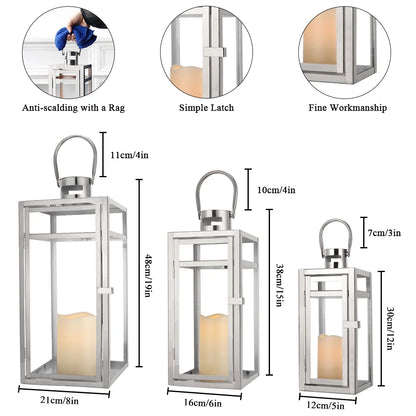 Stainless Steel Lantern Set of 3 12/15/19" Metal Lanterns with Tempered Glass for Parties & Events (Silver )