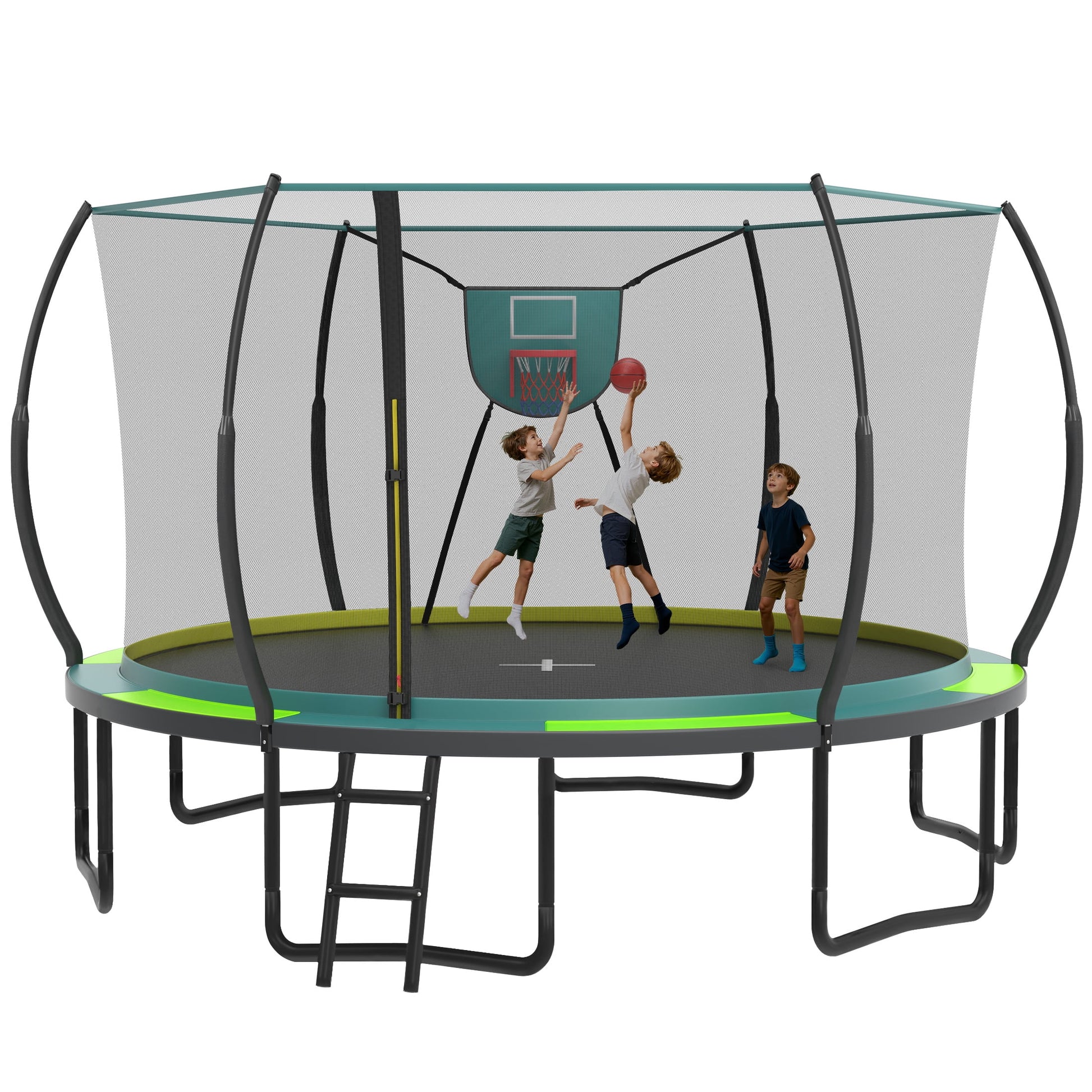 14FT Trampoline with Enclosure for Kids Adults, SEGMART Outdoor Pumpkin Round Recreational Trampoline with No-Gap Design, Heavy Duty Backyard Trampoline with Curved Fiberglass Poles for Indoor Outdoo