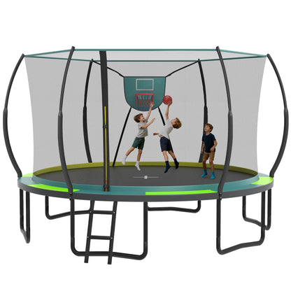 14FT Trampoline with Enclosure for Kids Adults, SEGMART Outdoor Pumpkin Round Recreational Trampoline with No-Gap Design, Heavy Duty Backyard Trampoline with Curved Fiberglass Poles for Indoor Outdoo